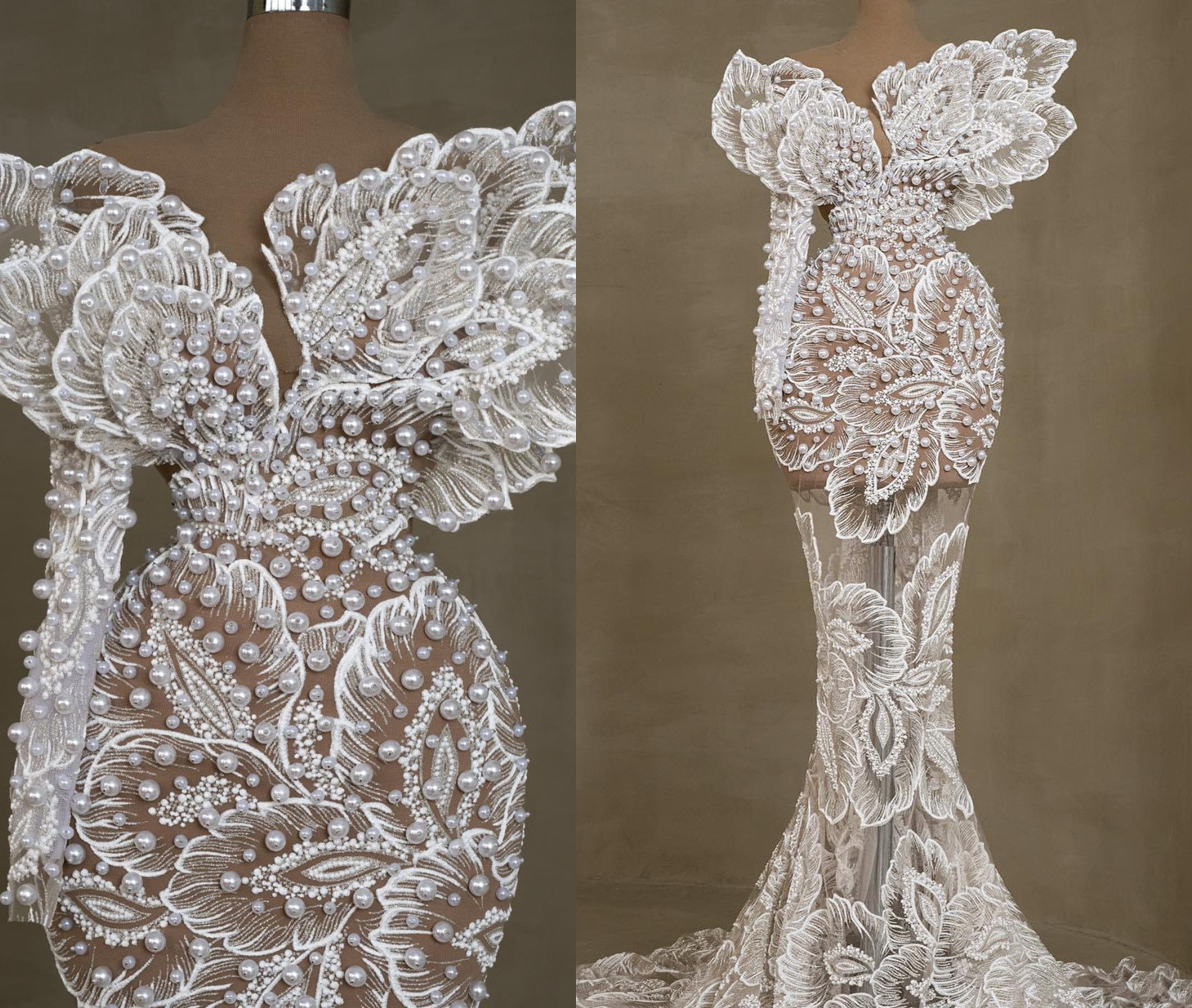 New Aso Ebi Mermaid Lace Wedding Dress Pearls Long Sleeves See Through Luxurious Bridal Gowns Dresses