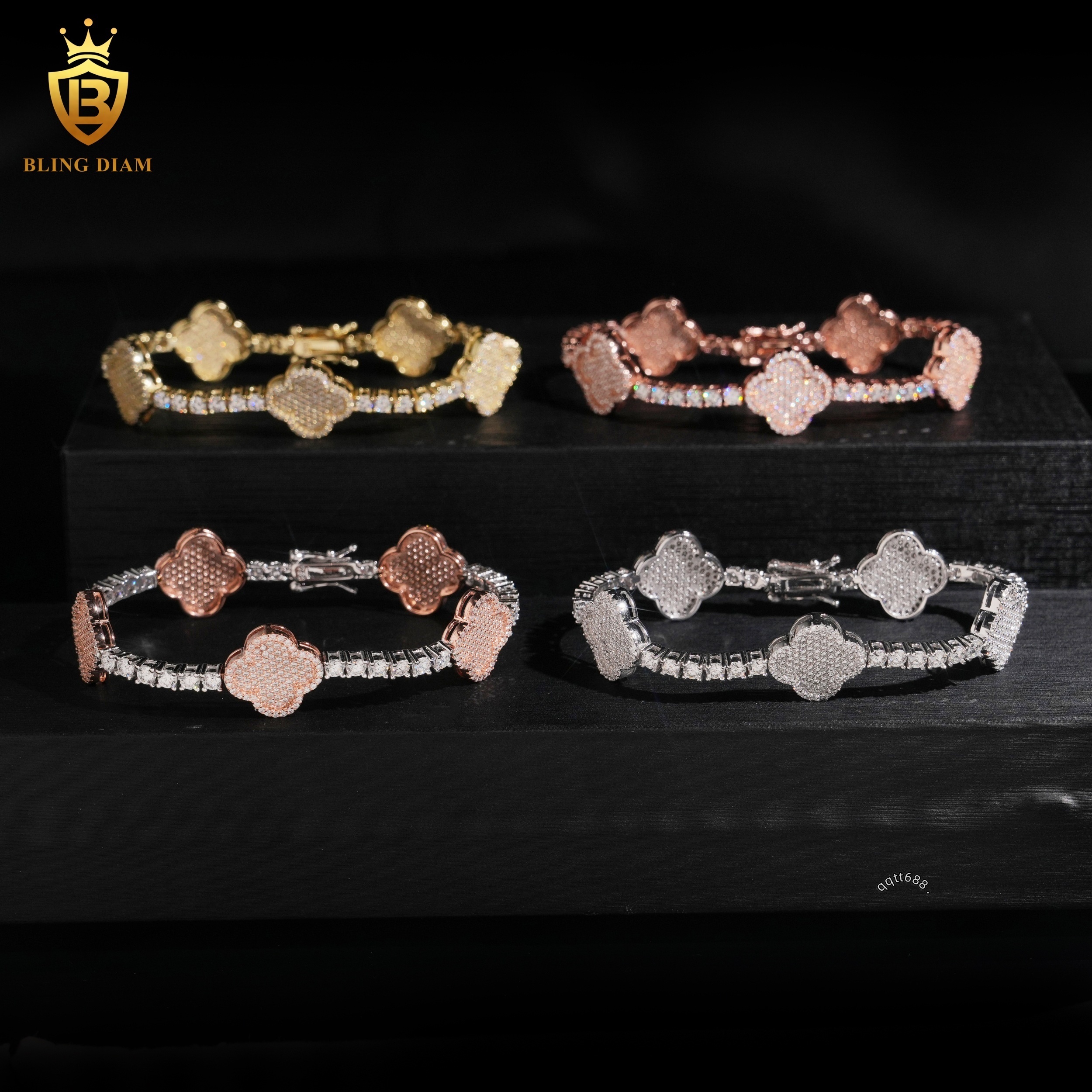 High End 925 Silver Rose Gold VVS D Color 3MM Round Cut Moissanite Four Leaf Bracelets Bangle Moissanite Jewelry Diamonds