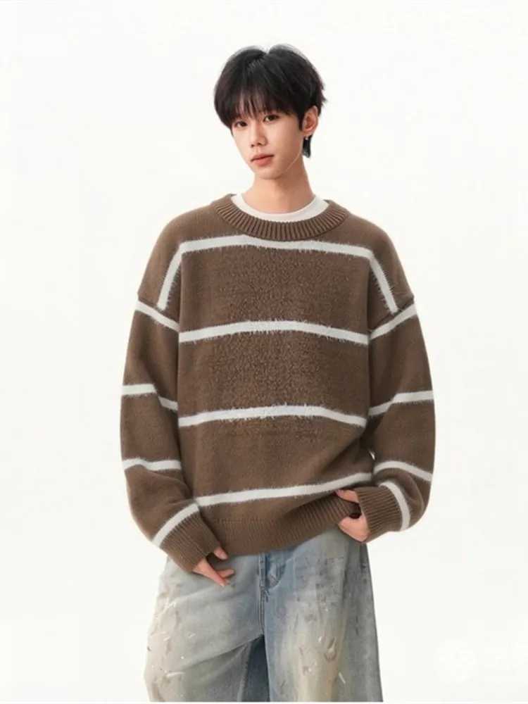 Winter New Autumn Fashion and Trendy Thickened Warm Striped Knitwear Men's Casual Loose Sports High Quty Plus Size Sweater M261016