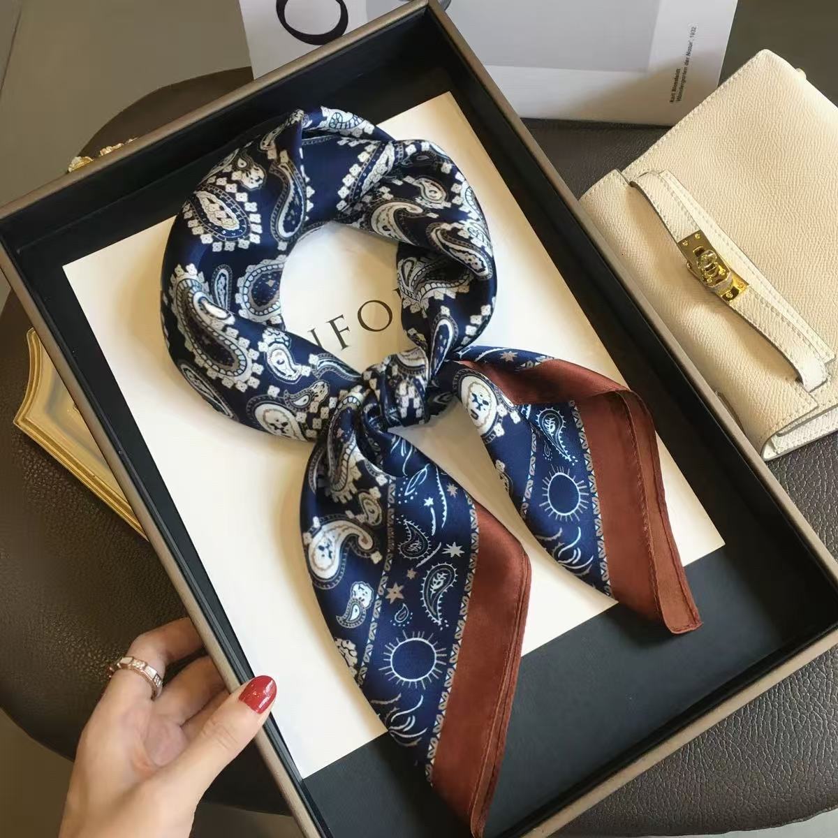 100% mulberry square cashew flower silk neck small designer scarf, Luxury goods women's high-end accessory, wholesale