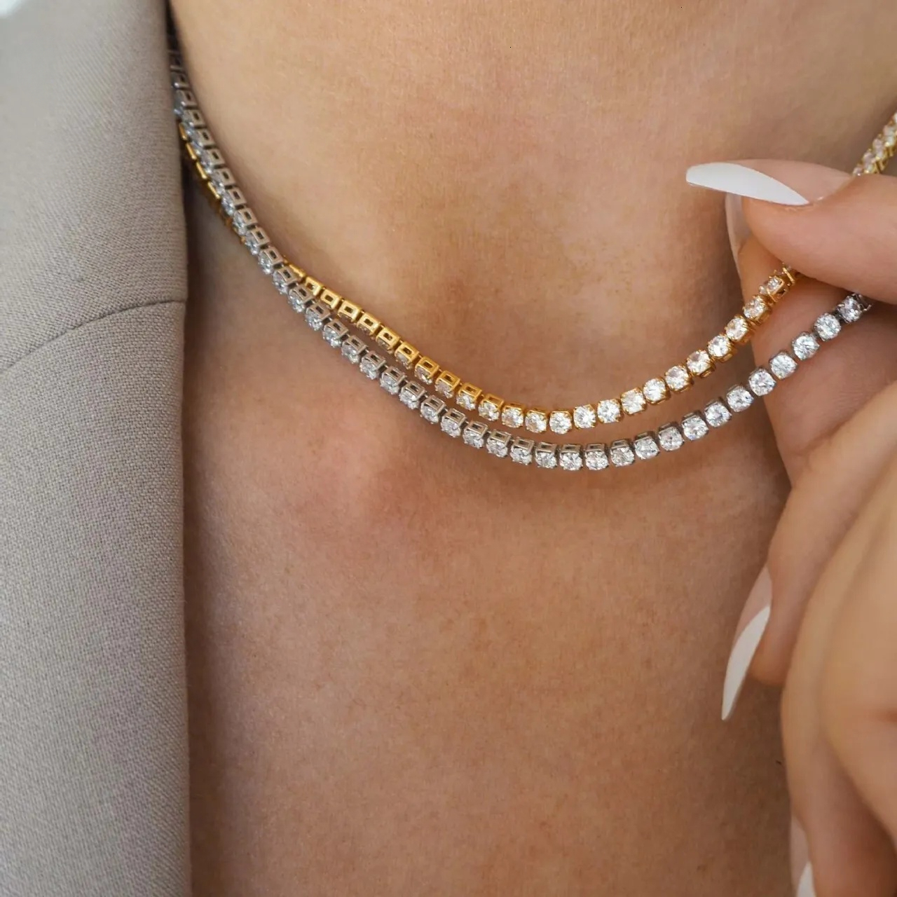 new Border Ins Fashion Light Luxury Necklace For Women Tennis Jewelry Stainless Steel 2Mm Zircon Chain Bracelet Non Fading