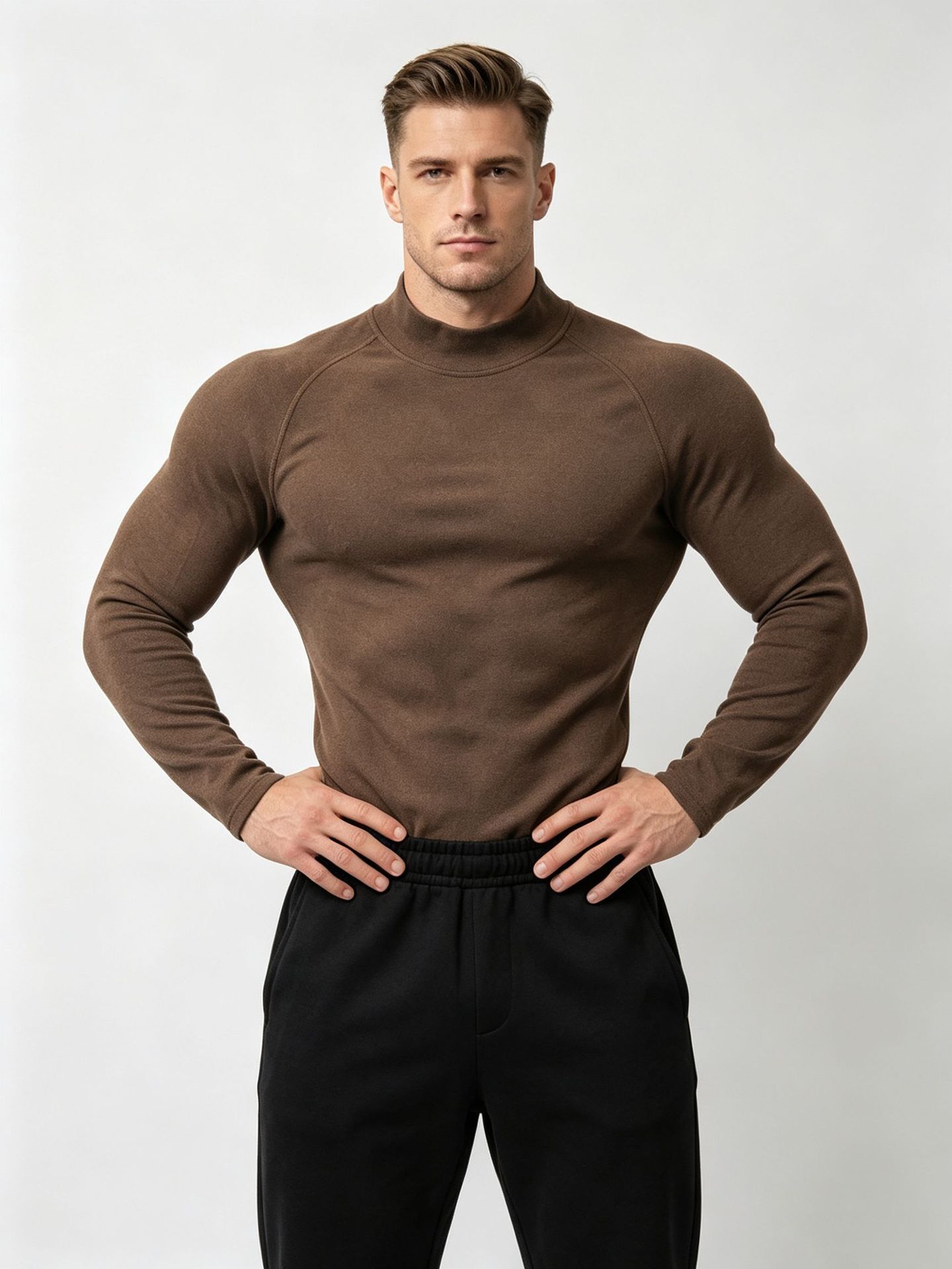 autumn winter new sports and casual high-neck long-sleeve T-shirt for men, double-sided fleece, raglan sleeves, warm, solid color, base layer