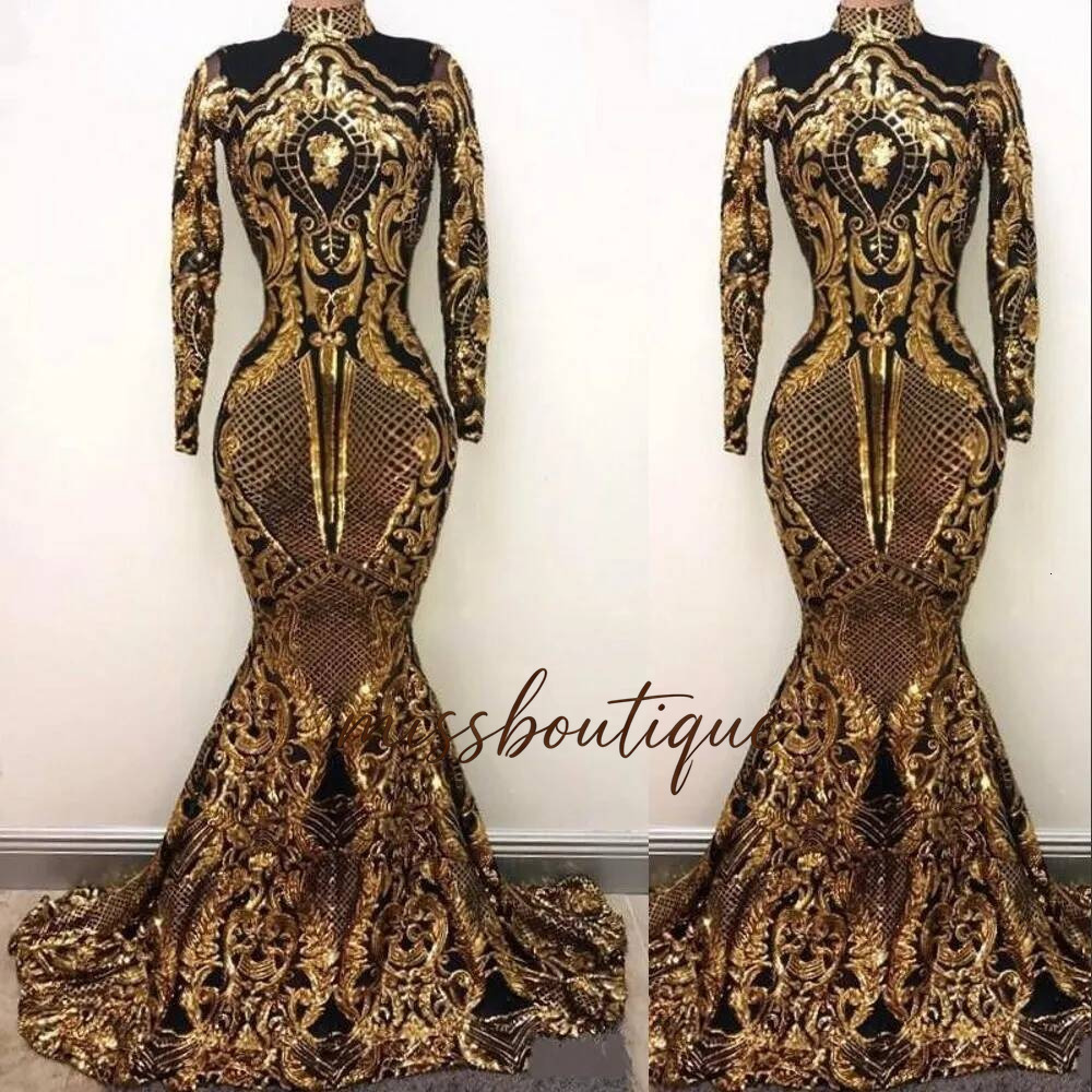 2021 Bling Luxury Long Sleeves Prom Dresses Mermaid High Neck Holidays Graduation Wear Black Gold Sequins Evening Party Gowns Custom Made Q019