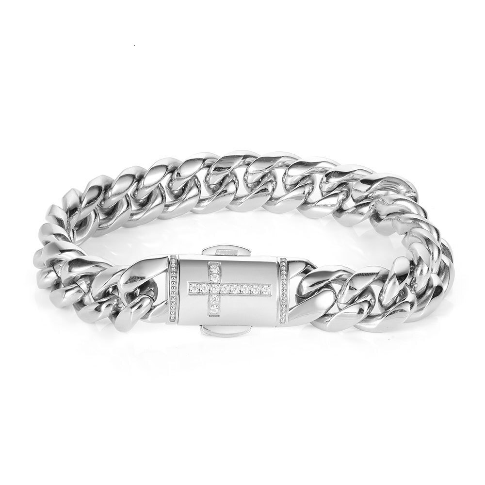 Iced Out Cross VVS Moissanite Cuban Link Bracelet, S925 Sterling Silver 18K Plated Hip Hop Curb Chain Bracelet for Men Women Fine Jewelry