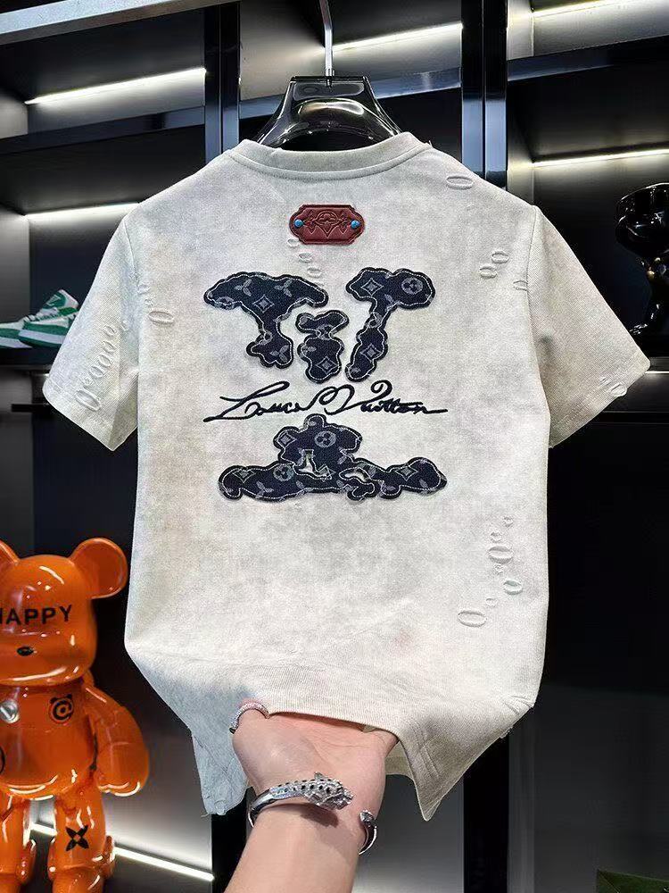 American streetwear vintage hole-in-the-elbows embroidered men's short-sleeve T-shirt, summer new style, loose round-neck half-sleeved top