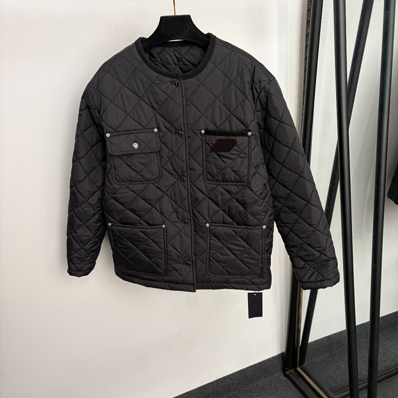 Brand Women Retro Quilted Coat Round Neck Multi Pocket Jacket Autumn Winter Warm Casual Outing Street Outwear