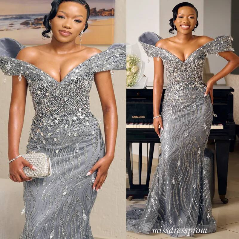 Aso Ebi Silver Mermaid Prom Robe De Soiree Off Shoulder Pearls Party Dress Sequined Lace Formal For Black Women Birthday Gowns Am3794