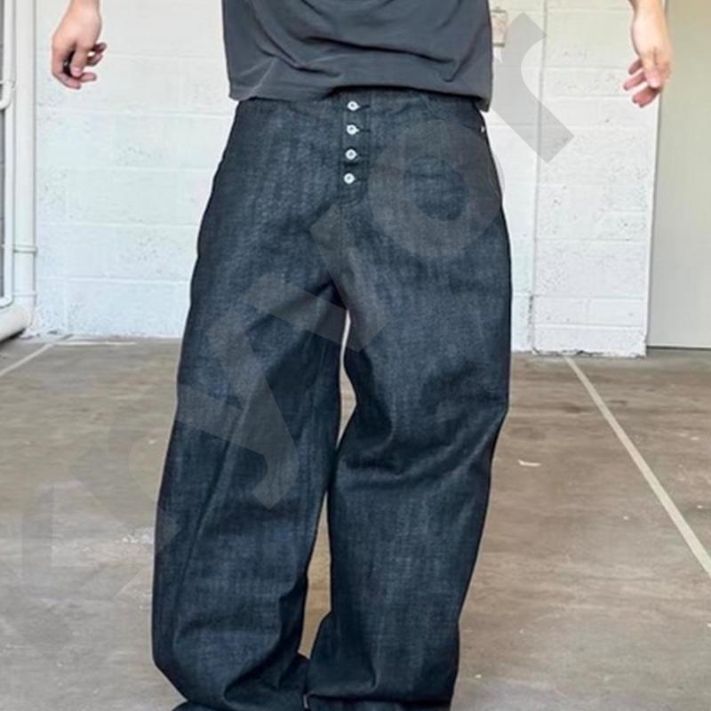 Designer Mens Dark Raw Denim Wide Leg Jeans High Waist Multi Button Fly Solid Black Unwashed Denim Baggy Floor Length Trousers Classic Jean Pockets