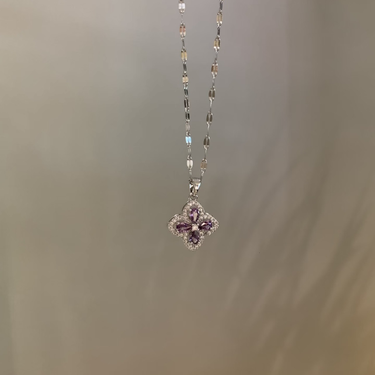 Luxury Brand Designer Jewelry Best-Selling Purple Diamond Four-Leaf Clover Necklace, Featuring Full-Diamond Pendant, With Vintage Retro Design, Offe