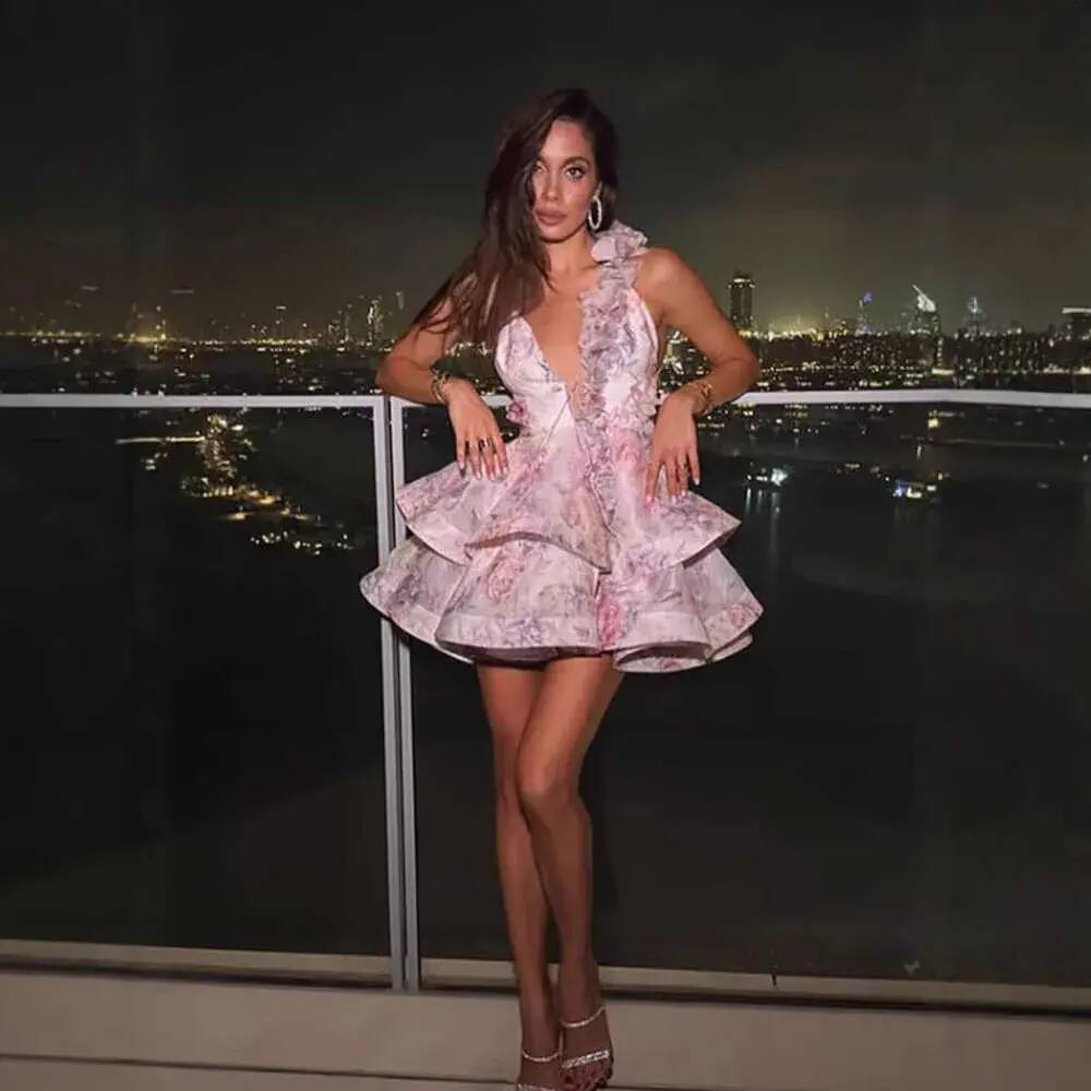 Women Casual Dress Halter Neck Spring Summer Cross Border Foreign Trade New French Sweet Print Waist Cinching Short everyday With Floral Stand Up Co