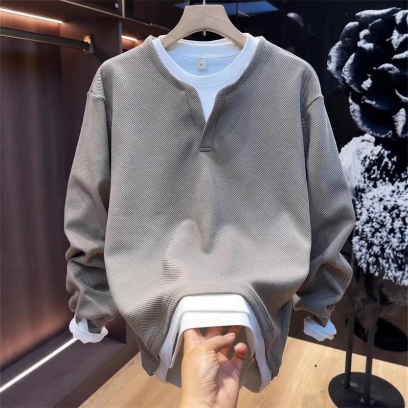 Pull tricoté à manches longues et col Henley pour hommes, faux deux pièces, col en V boutonné, sweat-shirt décontracté de couleur unie pour l'aut