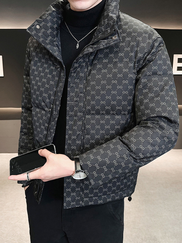 Men Short White Duck Down Jacket 2026 Winter New Collection Stand Collar Stylish Casual Printed Thick Warm Puffer Coat Windproof Outerwear For Men D
