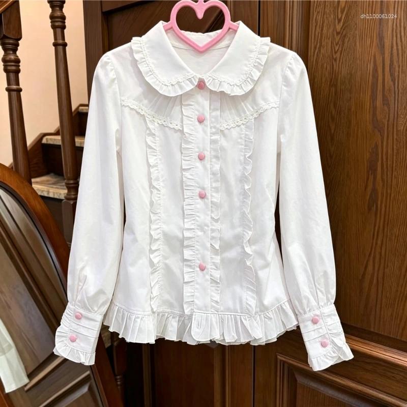 Summer Sweet Lolita Blouse For Women Lace Ruffles Decor White Slim Fit Shirts Casual Daily Party Wear Female Tops Clothing
