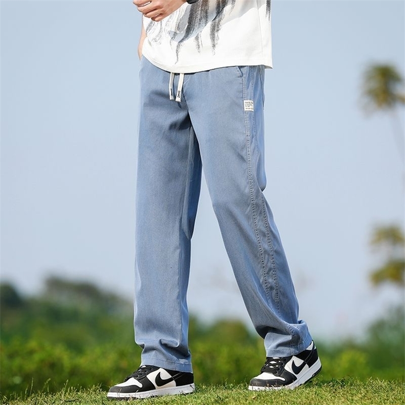 Men's Summer Soft Lyocell Fabric Jeans Thin Loose Straight Denim Pants Drawstring Elastic Waist Casual Trousers Plus Size M-5XL260930ww
