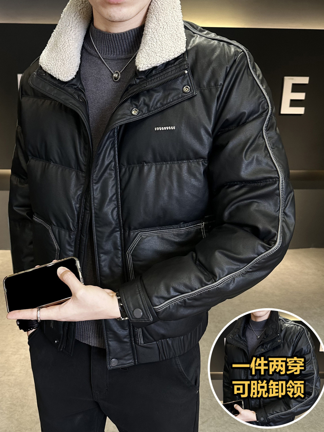 Men White Duck Down Leather Jacket 2026 Winter New Detachable Shearling Collar Trendy Versatile Thick Warm Puffer Coat Windproof Outerwear For Men D