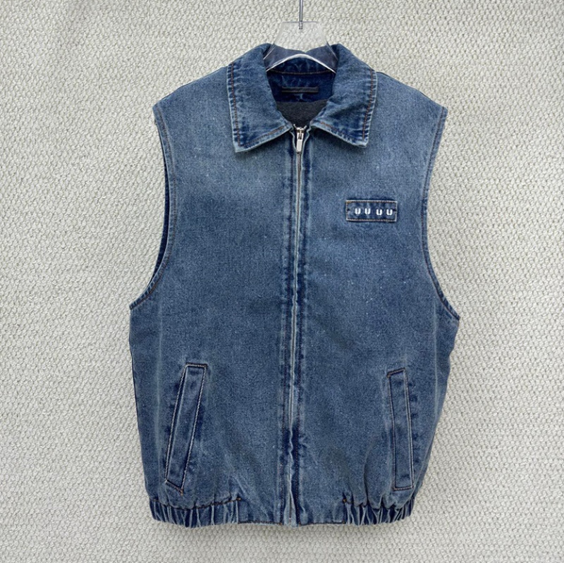 Womens Washed Denim Vest Designer Letter Embroidered Zip Up Sleeveless Jacket Winter Warm Fleece Jean Coat