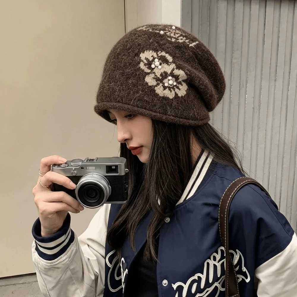 Beanie/Skull Caps Versatile Ear Protection Floral Slouchy Beanie Windproof 56-58CM Fall Winter Cold Hat Stretchy Knitted Jacquard Knit Hat Women Q26