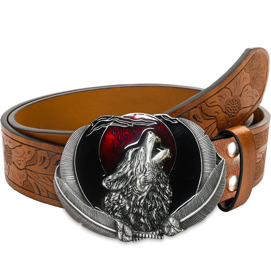 Western men's denim wolf head red moon belt buckle hip-hop personality retro style unisex matching jeans/ca 26Y1019