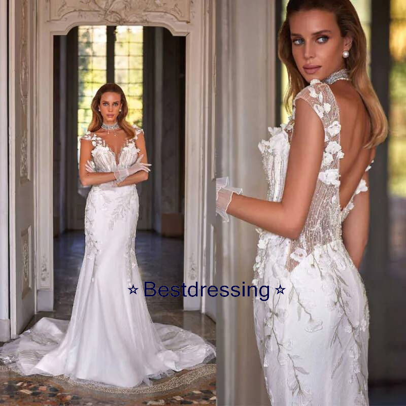 Customized Beach Mermaid Wedding Dresses Illusion 3D Flowers Appliques Backless Bridal Gowns Formal Bride Dress Bd017