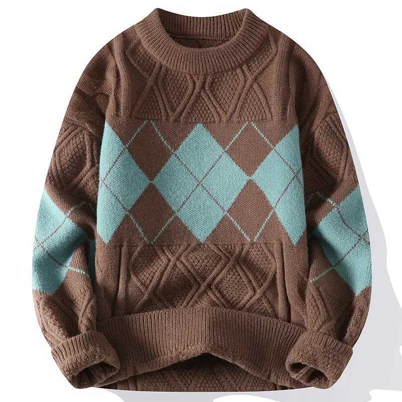 Quty Trend Color Matching High Pattern Pullover Men's Classic Fashion Printed Sweater Men's Casual Loose Warm Sweater M261016