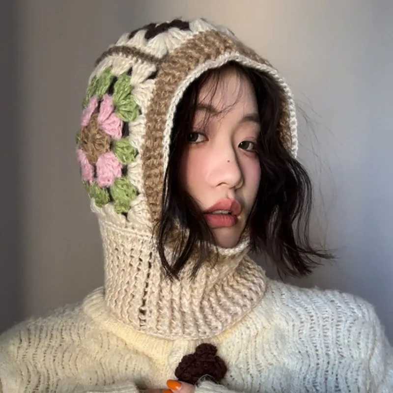 Beanie/Skull Caps 2024 Handmade Crochet Balaclava Hats for Women Autumn and Winter Wool Knitted Pullover Beanies Cap Neck Warmer Female Bonnets Q261
