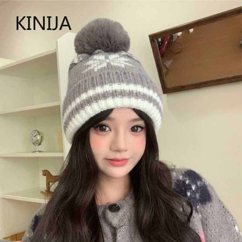 Beanie/Skull Caps Ins Retro Snowflake Jacquard Knitted Wool Hat Beanies Cap for Women Winter Thickened Warm Fashion Pullover Hat Korean Q261017