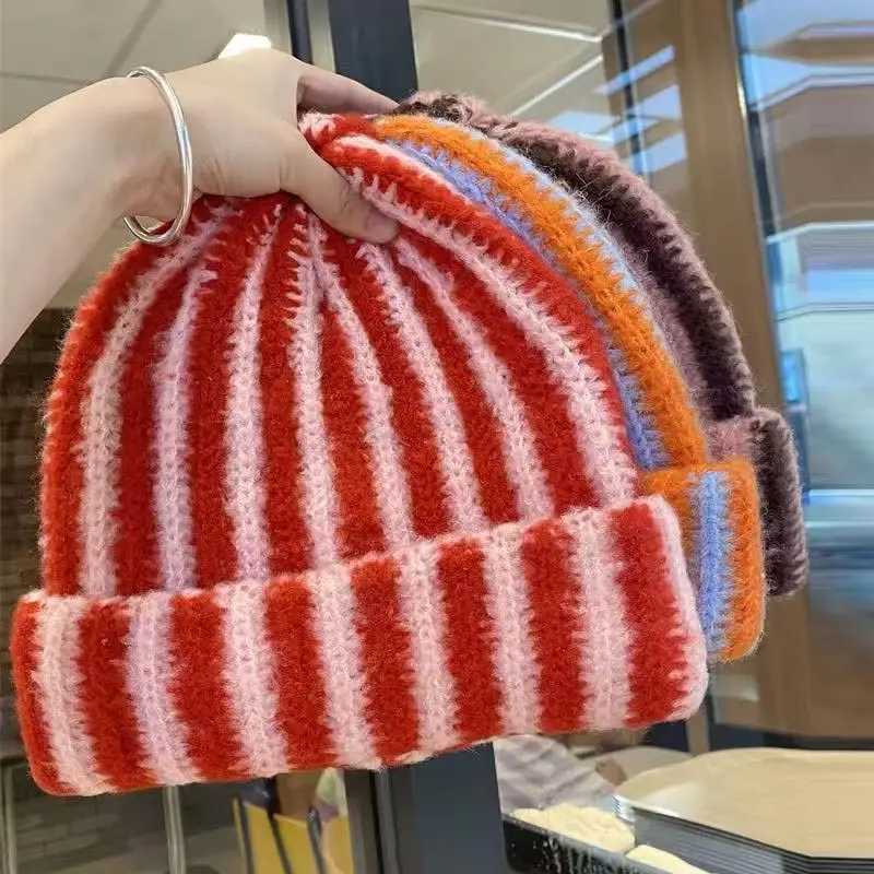 Beanie/Skull Caps 2026 New Korean Striped Warm Woolen Hat Autumn and Winter Feather Yarn Striped Wool Beanie Cap Women Men Thick Knitted Cold Hat Q2