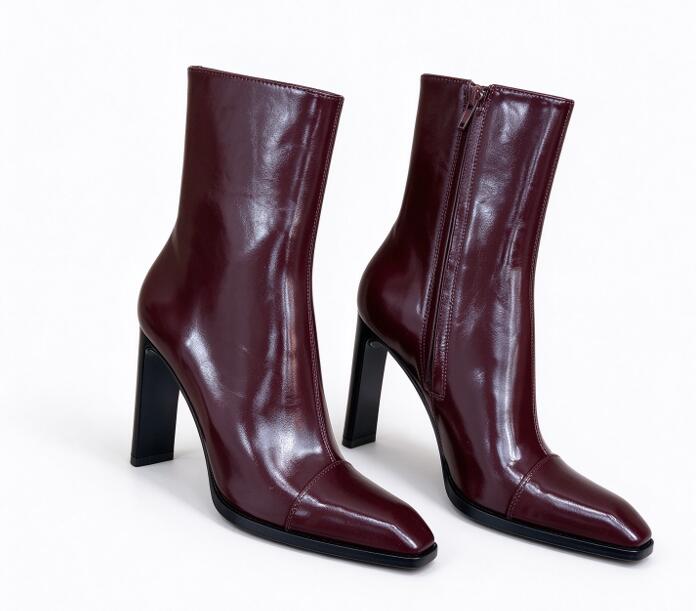 Designer Womens Square Toe Block Heel 9.5CM Ankle Boots Side Zipper Leather Short Boots Fall Winter Dress Party Booties Size 35-42
