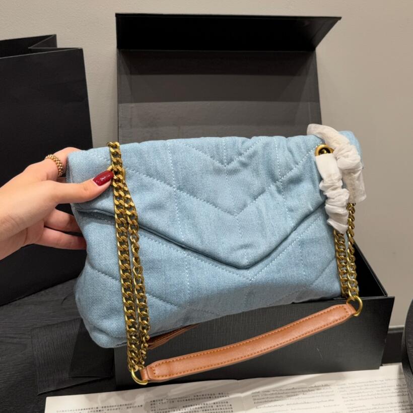 designer luxury bag women loulou puffer bag denim chevron quilted chain shoulder bag soft padded flap handbag high quality daily crossbody tote