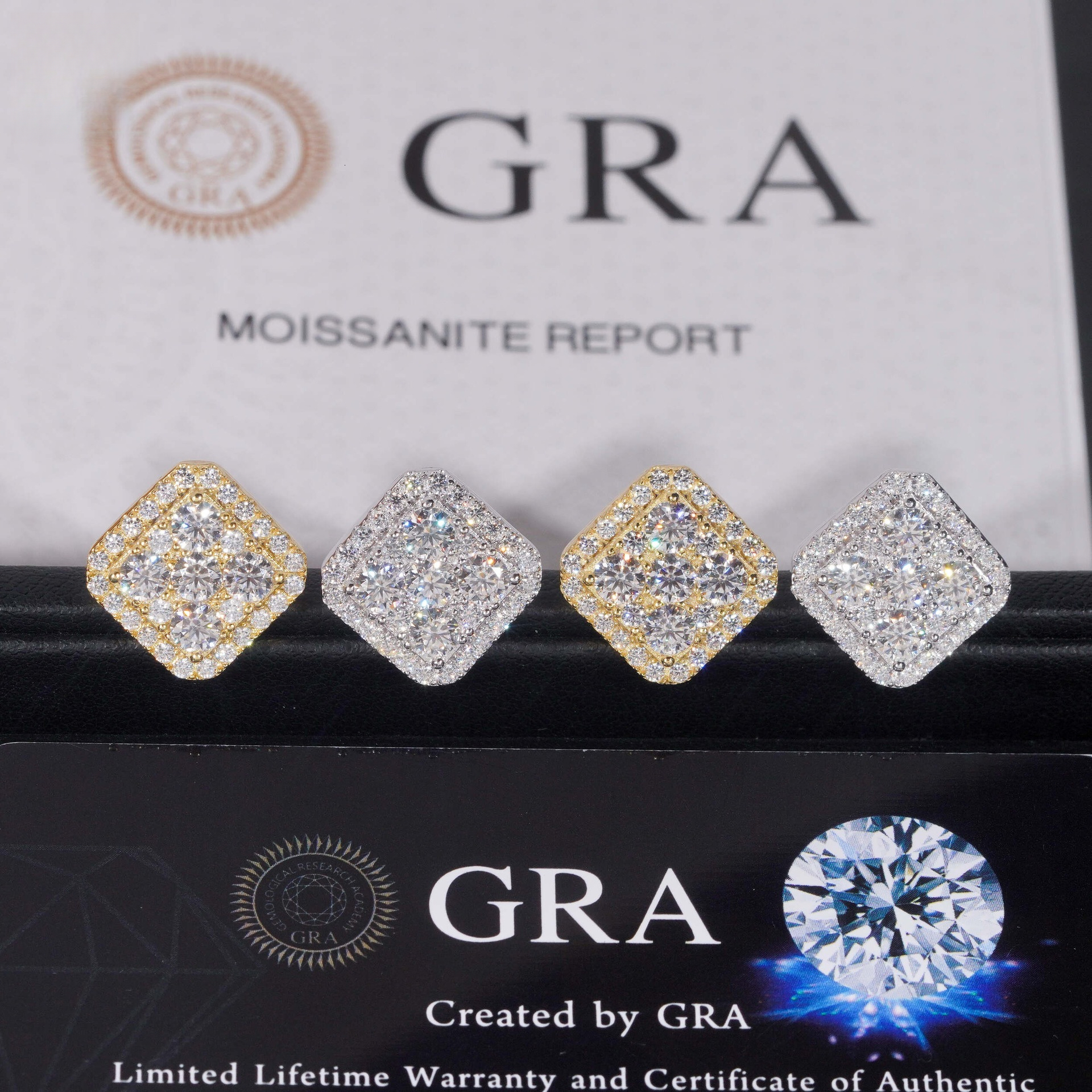 these high-quality, large 13.5mm square hip-hop earrings are made of 925 sterling silver and feature a full VVS moissanite setting