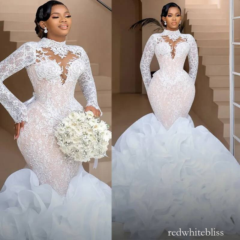 Plus Size Ivory Dress Bridal Bride Detachable Train High Neck Bead Pearls Rhinestones Appliqued Lace Ruffles Wedding Gowns For Marriage D816