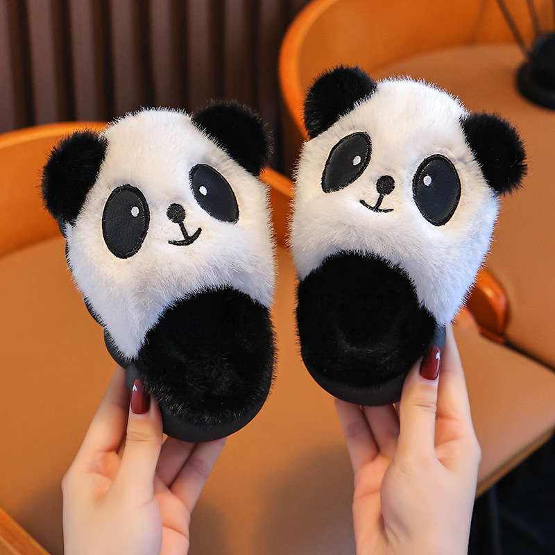 Cartoon Panda Furry 2025 Winter Soft Thick Bottom Non Slip Indoor Slippers Children's Fluffy Fur Home Slides J261019