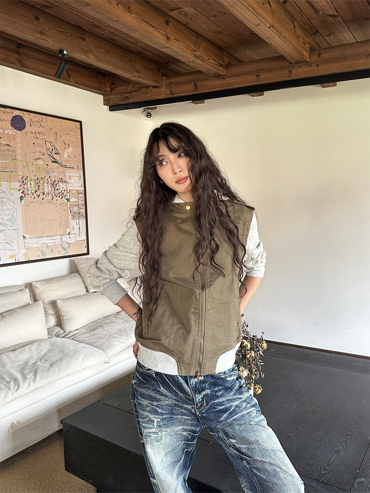 "Faux two-piece jacket" autumn and winter retro niche street style shoulder patchwork hooded short jacket top for men and women