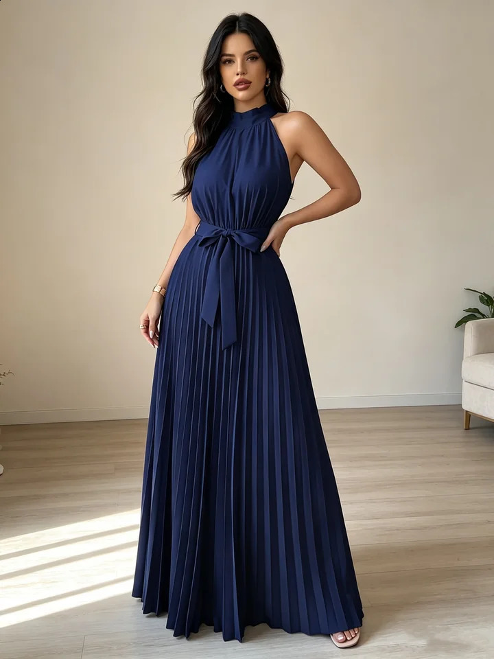 Elegant Women's Halter Neck Off-Shoulder Dress Summer Fashion Crinkle Loose Long Evening Wear with Waist Tie 261015