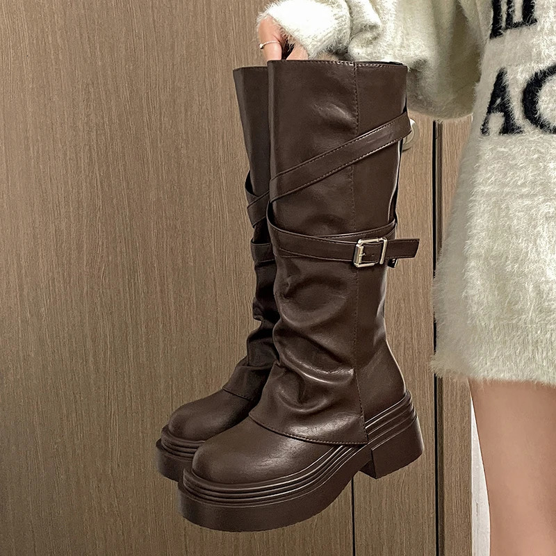 Vintage Thick Heel Women Knight Long Boots Fashion Slip On Knee High Booties Autumn Winter Shoes Zapatos De Mujer 261019