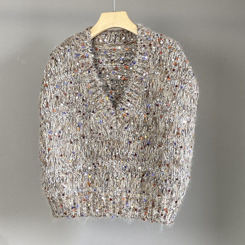 Autumn And Winter BC New Women's Beaded Decorated Mohair Wool Blend Vneck Vest Precious Lightweight Elegant