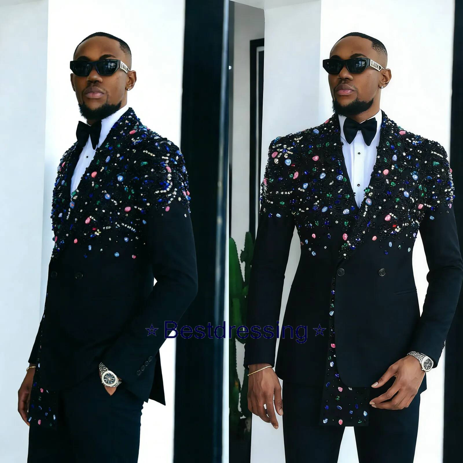 Customized Exquisite Colorful Beadings Groom Suits 2 Pieces Men Wedding Tuxedos Formal Evening Party Outfit Male Clothing Bd019