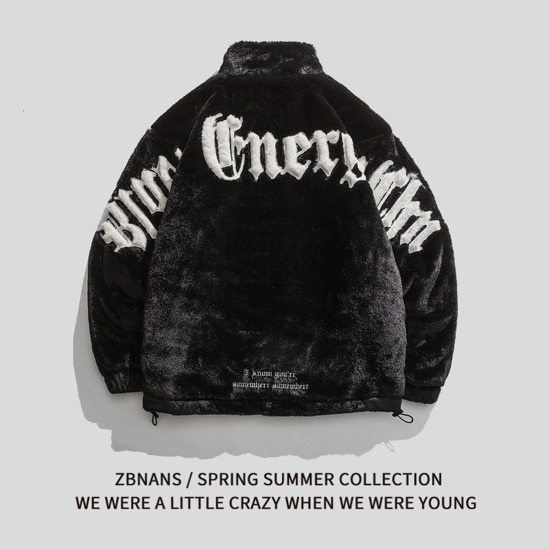 Winter Street Letter Embroidery Plush Stand Collar Jacket For Men Spring Autumn New Trendy Brand Hip Hop Loose BF Cotton Coat