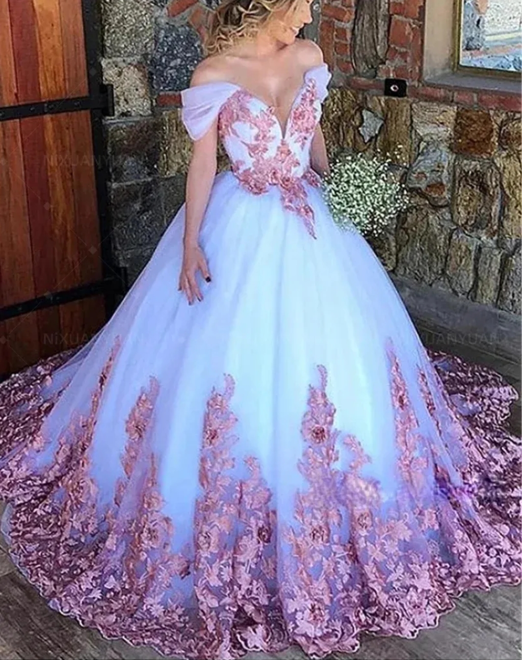 White And Pink Long A Line v neck Off Shoulder Princess Quinceanera Dresses Lace Appliques Open Back Garden Robe De Mariee Bride Wear Sweet 16 Birth