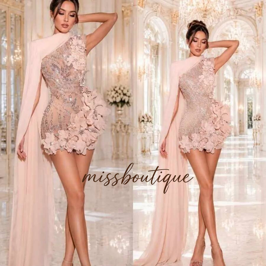Mini Cocktail Party Prom Dresses High Neck Hand Made Flowers Mermaid Night Gowns Arabic Birthday Evening Dress Customized Q017