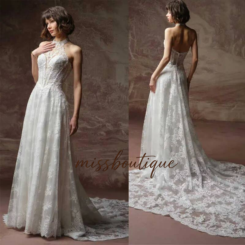 Simple High Neck Wedding Dresses Sexy Lace Sleeveless Bridal Gowns Sweep Train Robe De Mariee Customized Q019