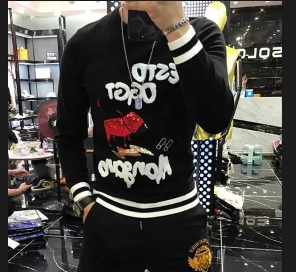 hot-stamped with men's rhinestones sweater trendy fashion exclusive autumn winter round-neck pullover knitwear M261016
