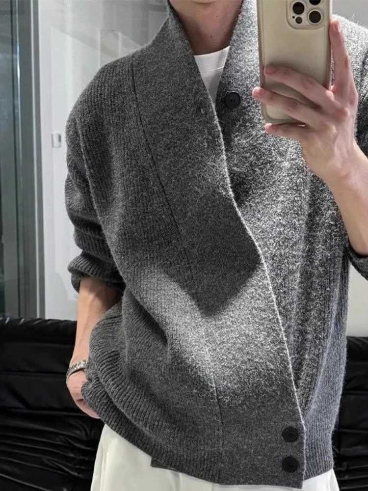 Style Versatile Unique Design Korean Slanted Buttons Relaxed Fit Solid Color Men's Autumn Winter Lazy Chic Loose Cardigan M261016