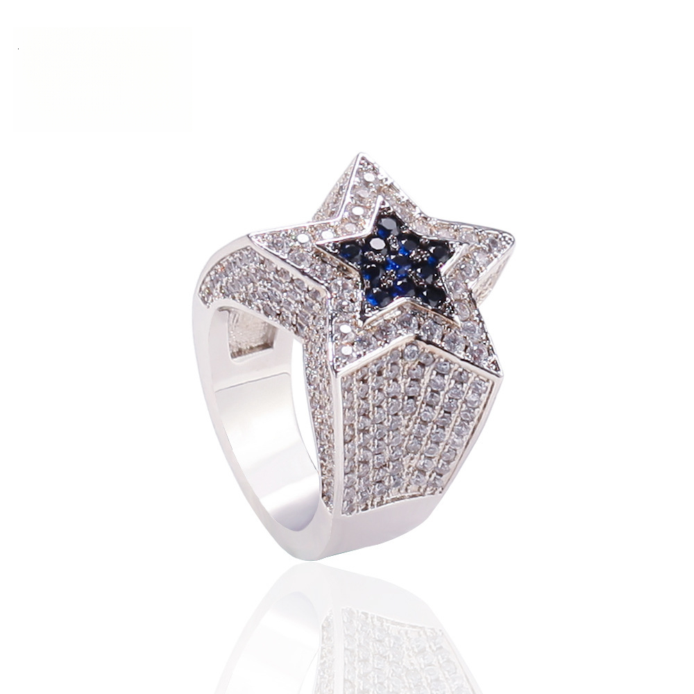 Hip-Hop Out D VVS Diamond moissanite Inlaid Star Ring for Men, Blue Sapphire Pentagram Ring, Trendy Fashion Luxury Iced Accessory Luxury Iced