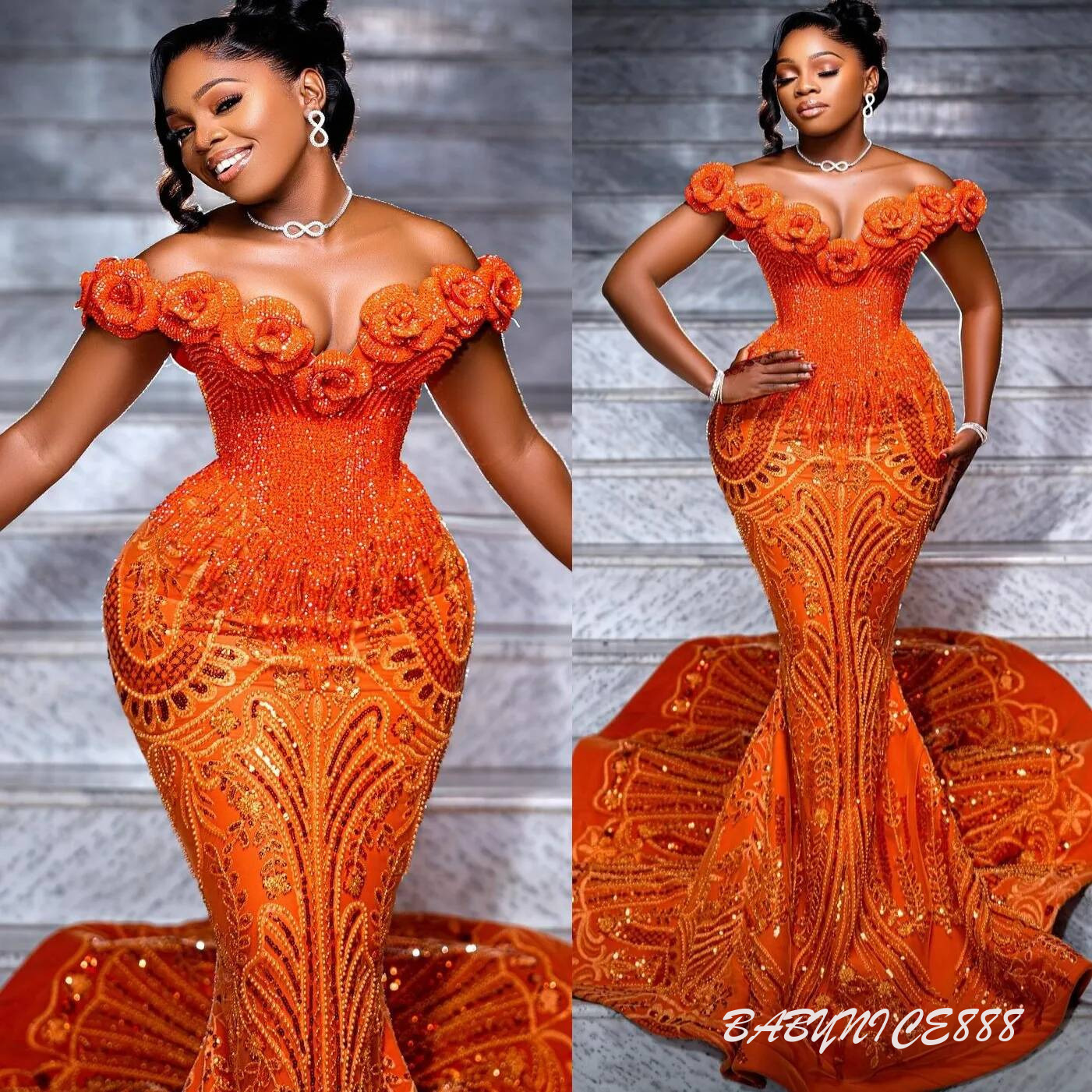 New Orange Mermaid Prom Evening Dress Beaded Flowers Sequined Sparkly Birthday Formal Women Pageant Party Gowns Long Dinner Dresses