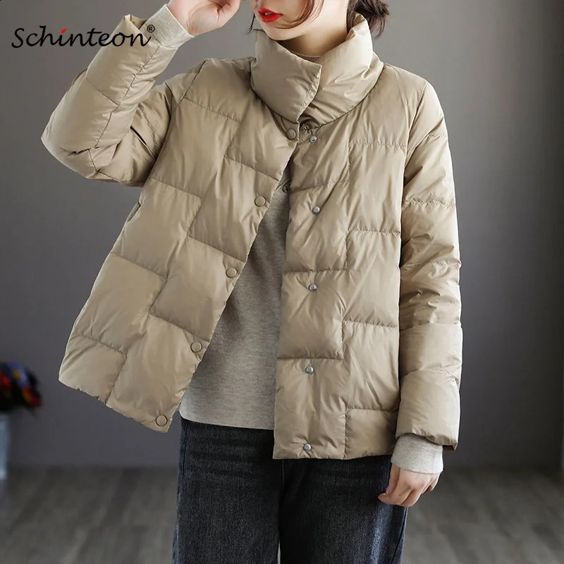 Schinteon Women Light Down Jacket Simple Casual Solid Color Stand Collar Short Outwear Autumn Coat Female Fashion 261014