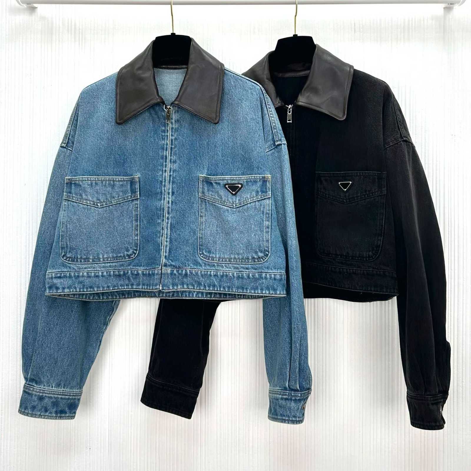 designer Women's Jackets High-quality, finely crafted women's denim jacket with leather collar, zipper, loose fit, triangular badge, short