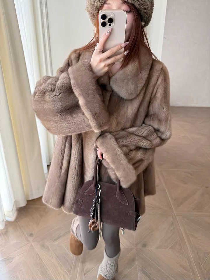 Autumn Lautaro Winter Thick Warm Brown Mink Fur Coat Women Turn-Down Collar Soft Elegant Chic Fluffy Jacket Clothes S2610161RP4