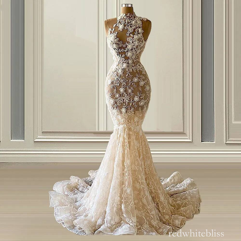 Lace Mermaid Wedding Dresses Bridal Gowns Beaded High Neck Appliqued Country Vestidos De Novia