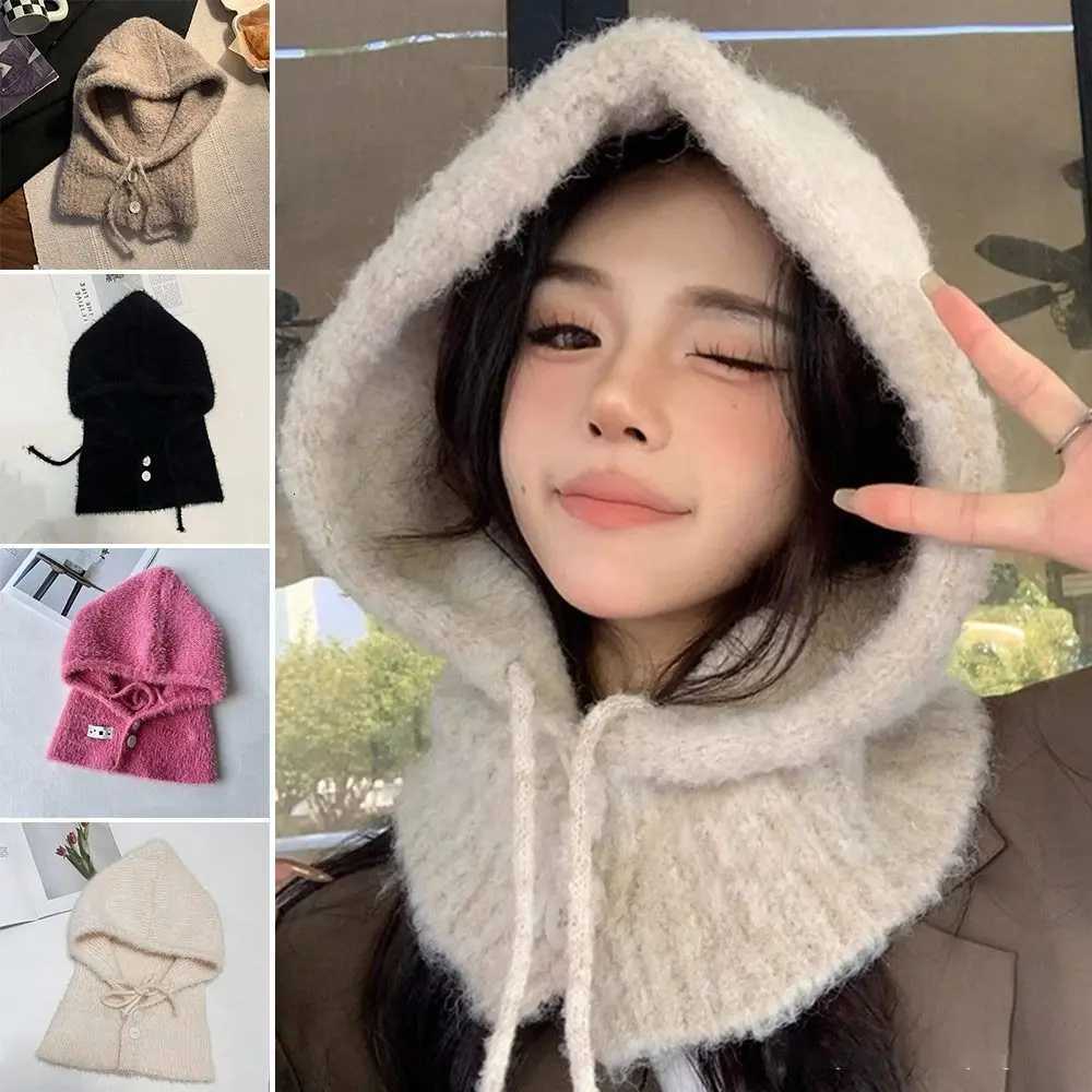 Beanie/Skull Caps Korean Solid color Women Balaclava Hat and Scarf Integrated Winter Warmer Knitted Pullover Hat Windproof Cap Outdoor Q261017
